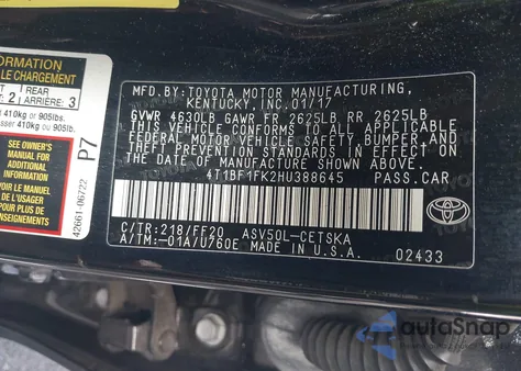 2017 Toyota Camry Se z USA, uszkodzony, nr VIN 4T1BF1FK2HU388645